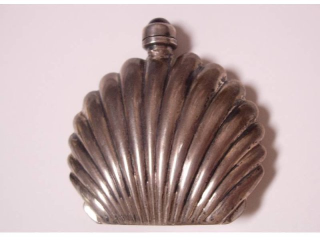 Victorian Sterling shell miniature perfume bottle SIGNED red jeweled top