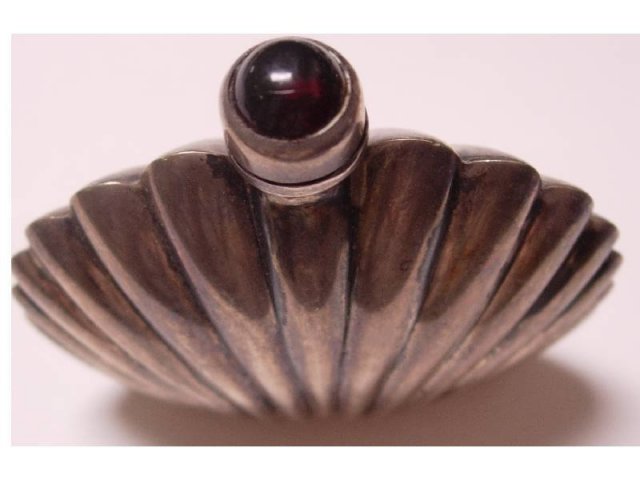 Victorian Sterling shell miniature perfume bottle SIGNED red jeweled top