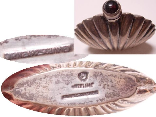 Victorian Sterling shell miniature perfume bottle SIGNED red jeweled top