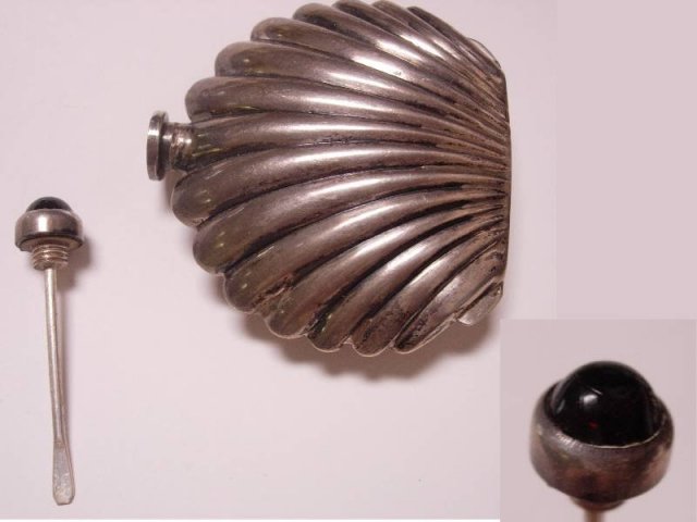 Victorian Sterling shell miniature perfume bottle SIGNED red jeweled top