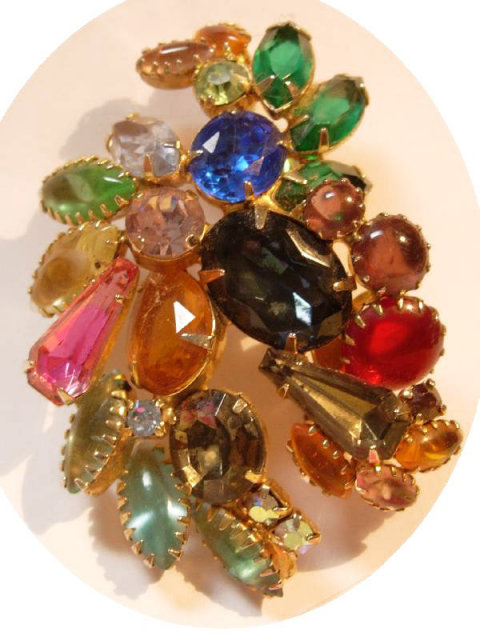 Vintage Huge Schreiner CLuster Rhinestone multi color claw set brooch