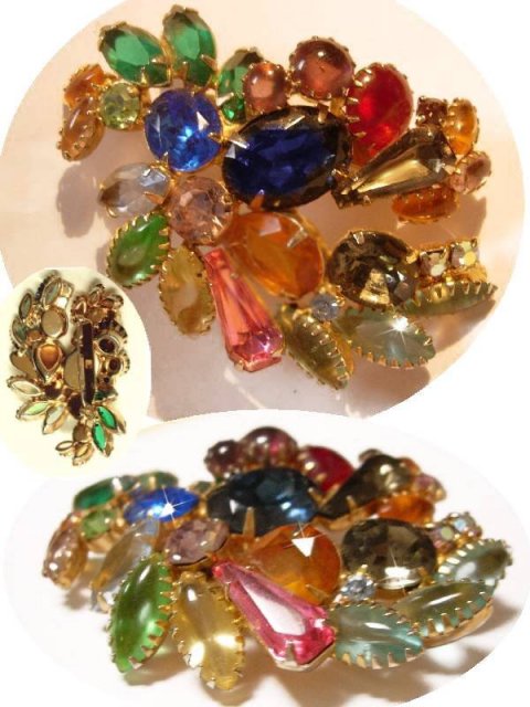Vintage Huge Schreiner CLuster Rhinestone multi color claw set brooch
