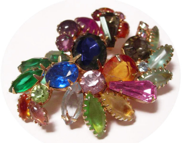 Vintage Huge Schreiner CLuster Rhinestone multi color claw set brooch