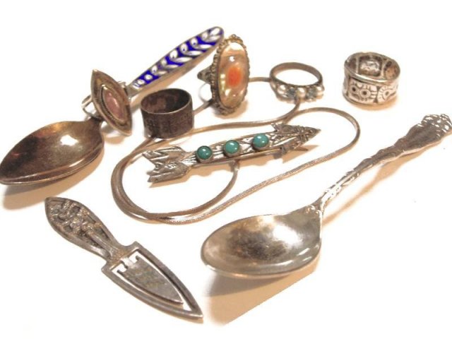 Vintage sterling jewelry lot enamel pearl rings necklace brooch spoons
