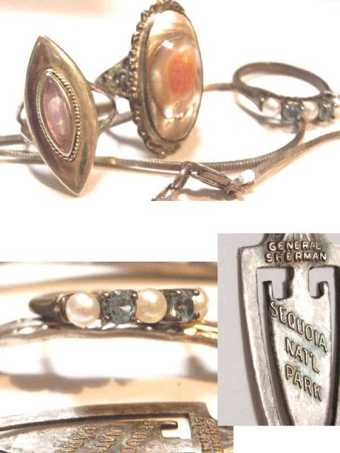 Vintage sterling jewelry lot enamel pearl rings necklace brooch spoons