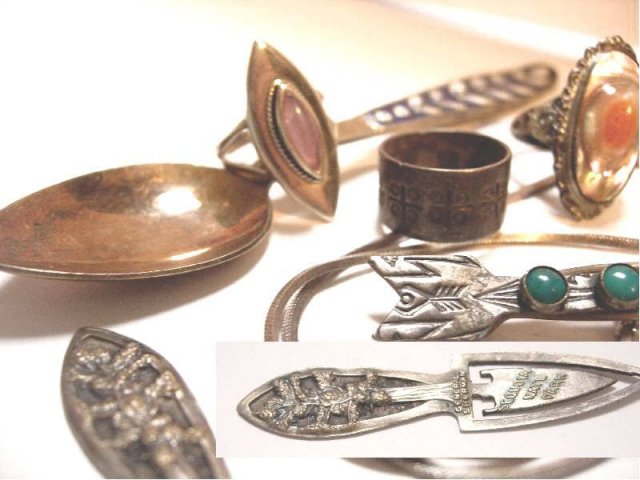 Vintage sterling jewelry lot enamel pearl rings necklace brooch spoons