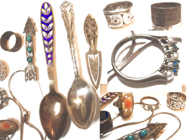 Vintage sterling jewelry lot enamel pearl rings necklace brooch spoons