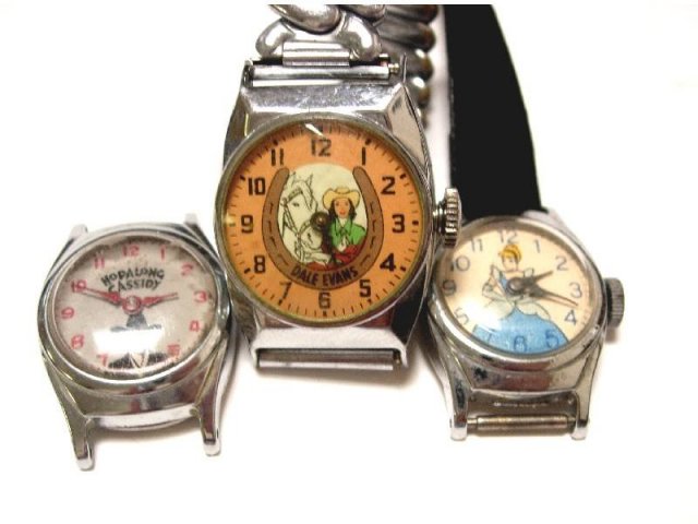 3 vintage childs novelty watches Cinderella Hopalong Cassidy Dale Evans signed