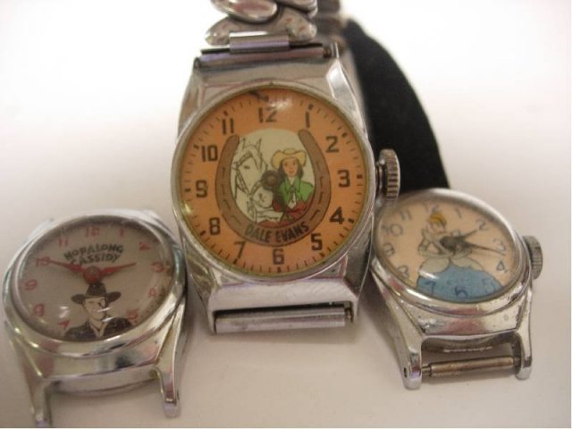 3 vintage childs novelty watches Cinderella Hopalong Cassidy Dale Evans signed