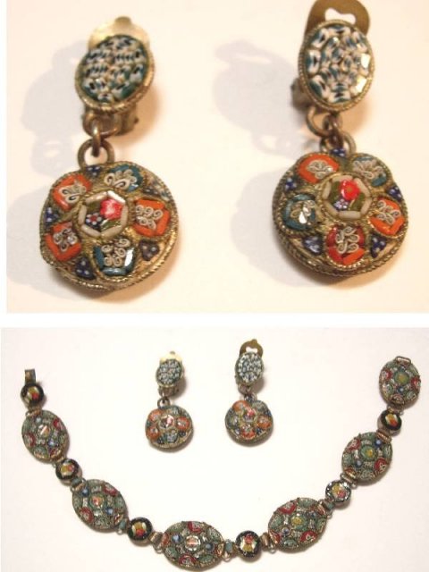 Vintage 30s deco Micromosaic Bracelet and spider web drop earrings demi parure ITaLY