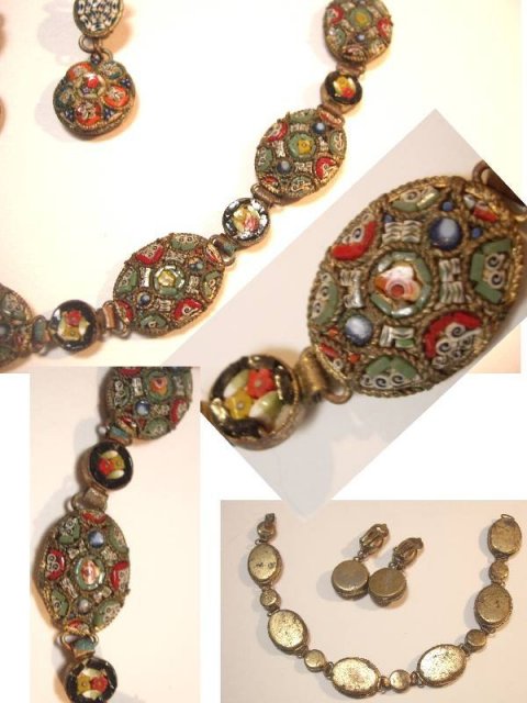 Vintage 30s deco Micromosaic Bracelet and spider web drop earrings demi parure ITaLY