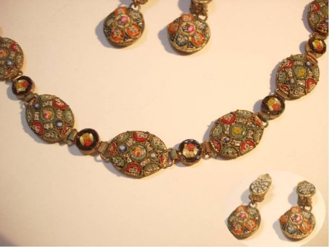 Vintage 30s deco Micromosaic Bracelet and spider web drop earrings demi parure ITaLY
