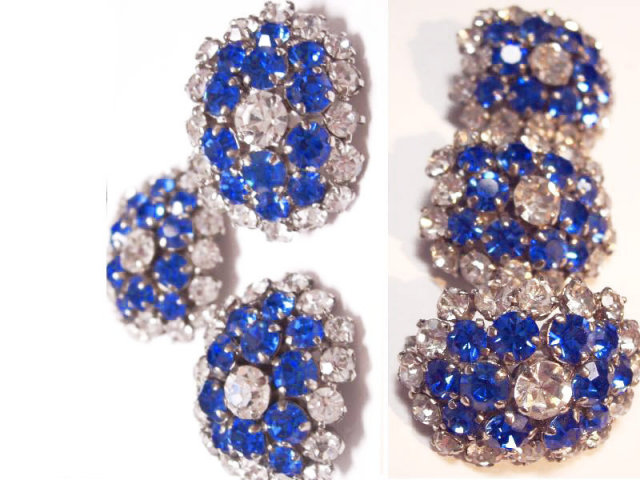VIntage Glass rhinestone signed Austrian DEmi Parure BRILLIANT BLUE brooch earrings