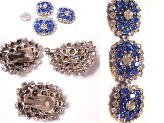 VIntage Glass rhinestone signed Austrian DEmi Parure BRILLIANT BLUE brooch earrings