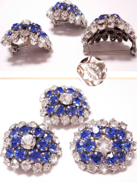 VIntage Glass rhinestone signed Austrian DEmi Parure BRILLIANT BLUE brooch earrings