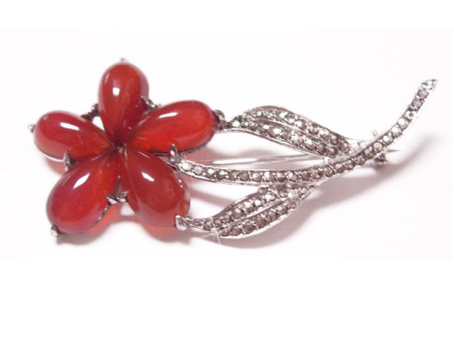 VIntage signed 50s marcasite carnelian flower Brooch DAZZLING