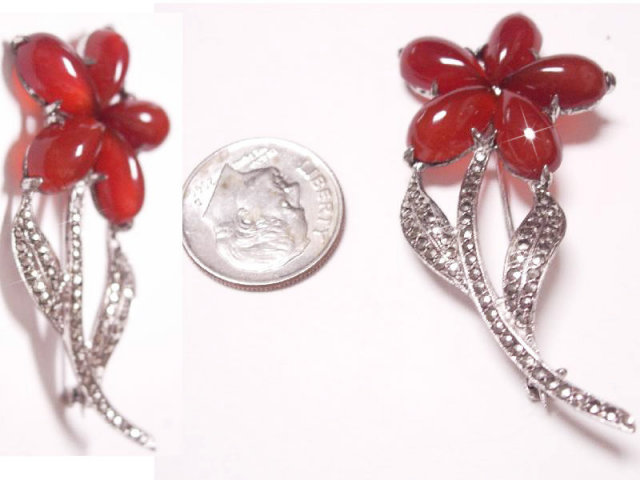 VIntage signed 50s marcasite carnelian flower Brooch DAZZLING