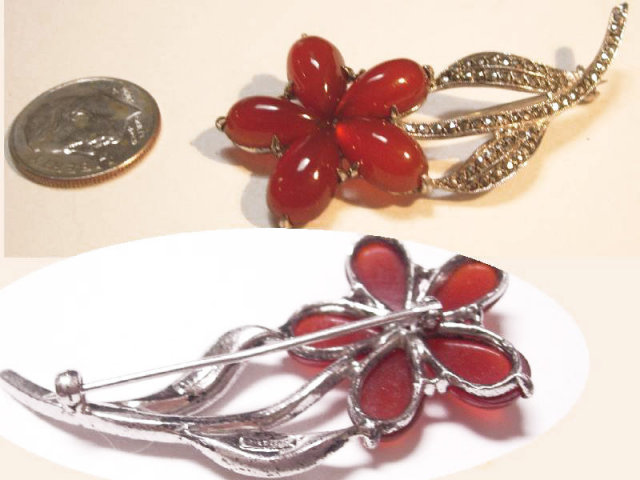VIntage signed 50s marcasite carnelian flower Brooch DAZZLING