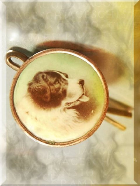 ANTIQUE HANDPAINTED RUSSIAN DOG SHEEPDOG portrait BUTTON goldfilled