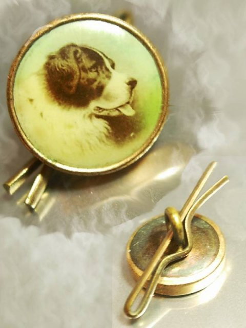 ANTIQUE HANDPAINTED RUSSIAN DOG SHEEPDOG portrait BUTTON goldfilled