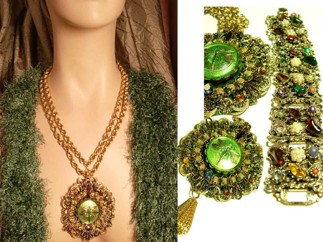 GO Green Gorgeously Drama Queen HUGE jeweled Dragonfly necklace and bracelet