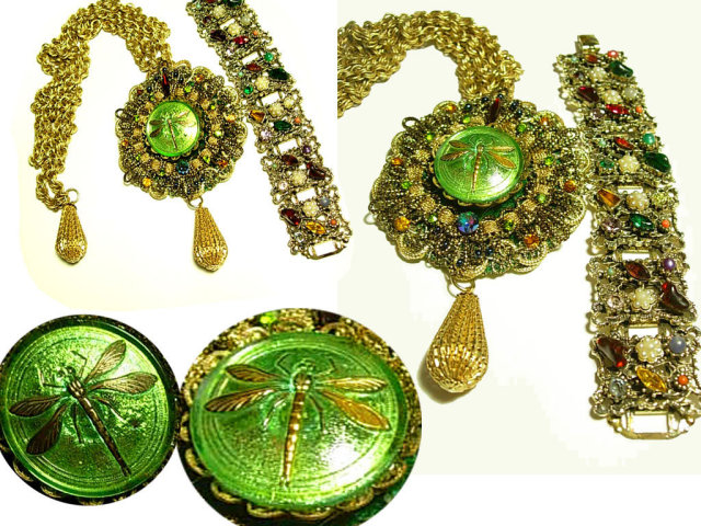 GO Green Gorgeously Drama Queen HUGE jeweled Dragonfly necklace and bracelet
