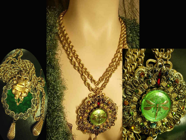 GO Green Gorgeously Drama Queen HUGE jeweled Dragonfly necklace and bracelet