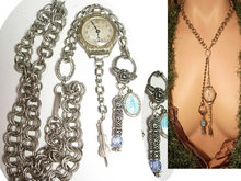Deco Watch Chatelaine necklace ( it works) memorial sterling charms fob and violin