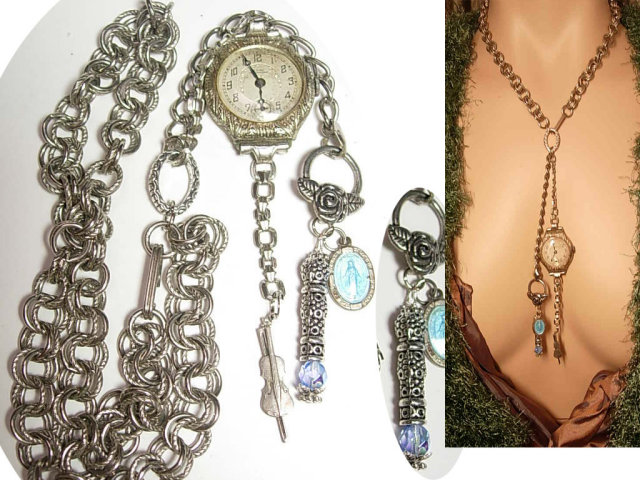 Deco Watch Chatelaine necklace ( it works) memorial sterling charms fob and violin