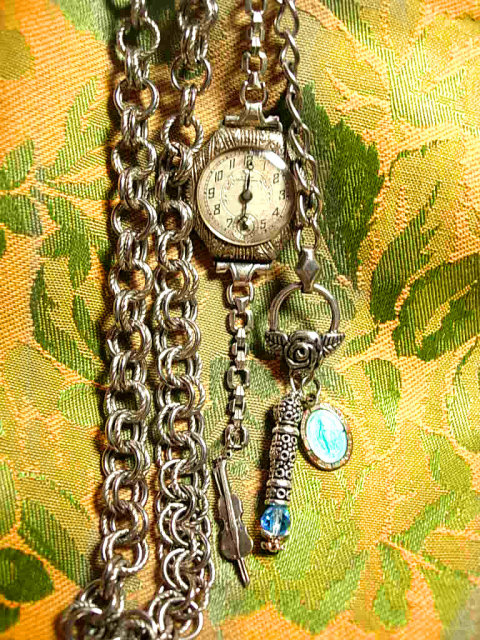 Deco Watch Chatelaine necklace ( it works) memorial sterling charms fob and violin