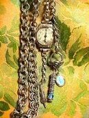 Deco Watch Chatelaine necklace ( it works) memorial sterling charms fob and violin