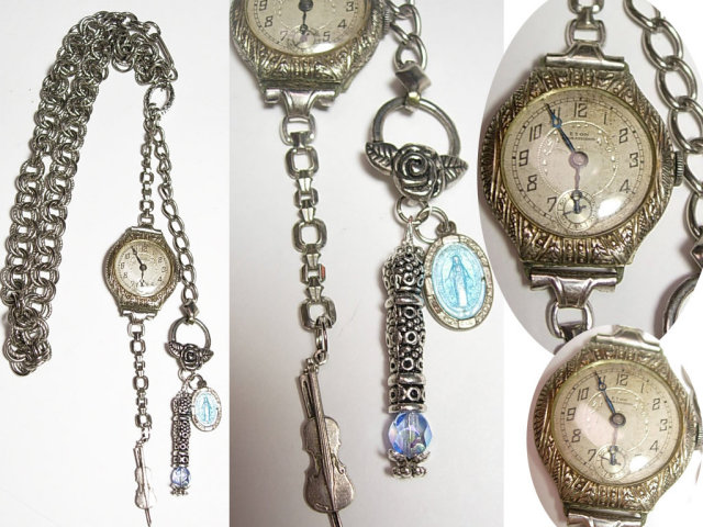 Deco Watch Chatelaine necklace ( it works) memorial sterling charms fob and violin