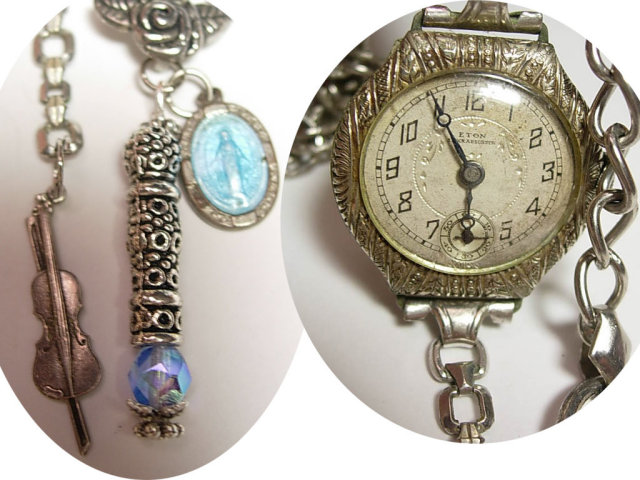 Deco Watch Chatelaine necklace ( it works) memorial sterling charms fob and violin