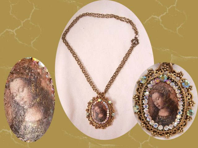 Vintage Jeweled HUGE Renaissance Icon Painted portrait Religious Necklace