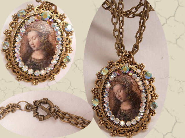 Vintage Jeweled HUGE Renaissance Icon Painted portrait Religious Necklace