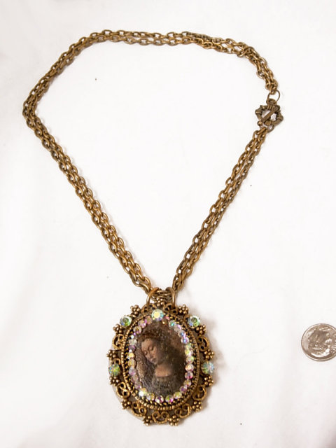 Vintage Jeweled HUGE Renaissance Icon Painted portrait Religious Necklace
