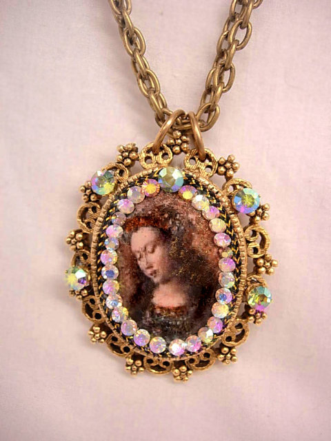 Vintage Jeweled HUGE Renaissance Icon Painted portrait Religious Necklace