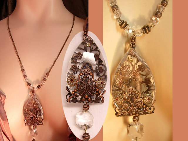 GOthic Medieval revival HUGE glass extravagant reversible filigree rhinestone necklace