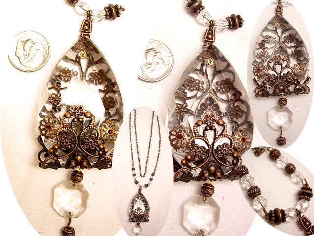 GOthic Medieval revival HUGE glass extravagant reversible filigree rhinestone necklace