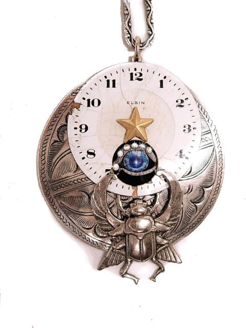 Nouveau Flair Steampunk vintage Airplane flying through time Eye Scarab Clock brooch