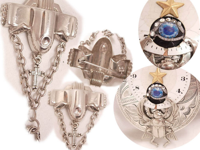 Nouveau Flair Steampunk vintage Airplane flying through time Eye Scarab Clock brooch