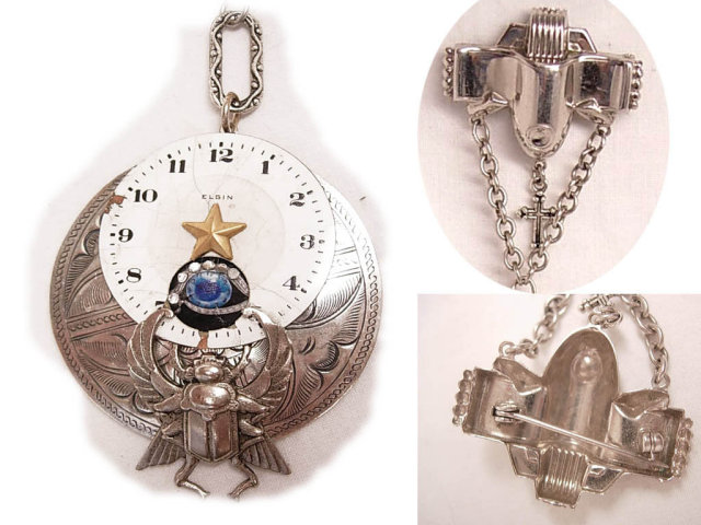 Nouveau Flair Steampunk vintage Airplane flying through time Eye Scarab Clock brooch
