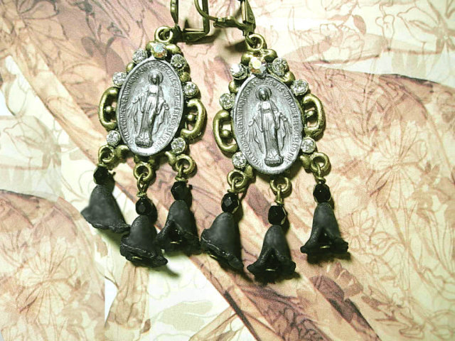 1890 Miraculous Medal jeweled rhinestone earrings with black memento flower drops