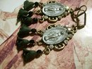 1890 Miraculous Medal jeweled rhinestone earrings with black memento flower drops