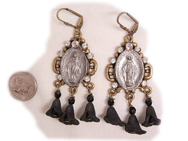 1890 Miraculous Medal jeweled rhinestone earrings with black memento flower drops