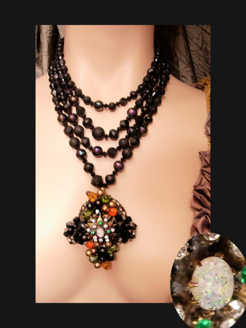 FABULOUS VIntage floating opal Cluster Maltese Cross 4 strand layered necklace HUGE pendant