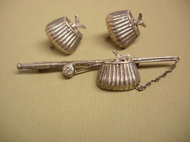 1940's sterling Arts and crafts Whimsey Fishing creel basket with FISH brooch and screw on earrings