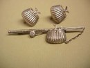 1940's sterling Arts and crafts Whimsey Fishing creel basket with FISH brooch and screw on earrings