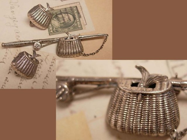 1940's sterling Arts and crafts Whimsey Fishing creel basket with FISH brooch and screw on earrings