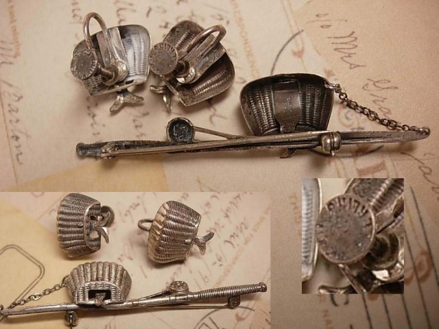 1940's sterling Arts and crafts Whimsey Fishing creel basket with FISH brooch and screw on earrings